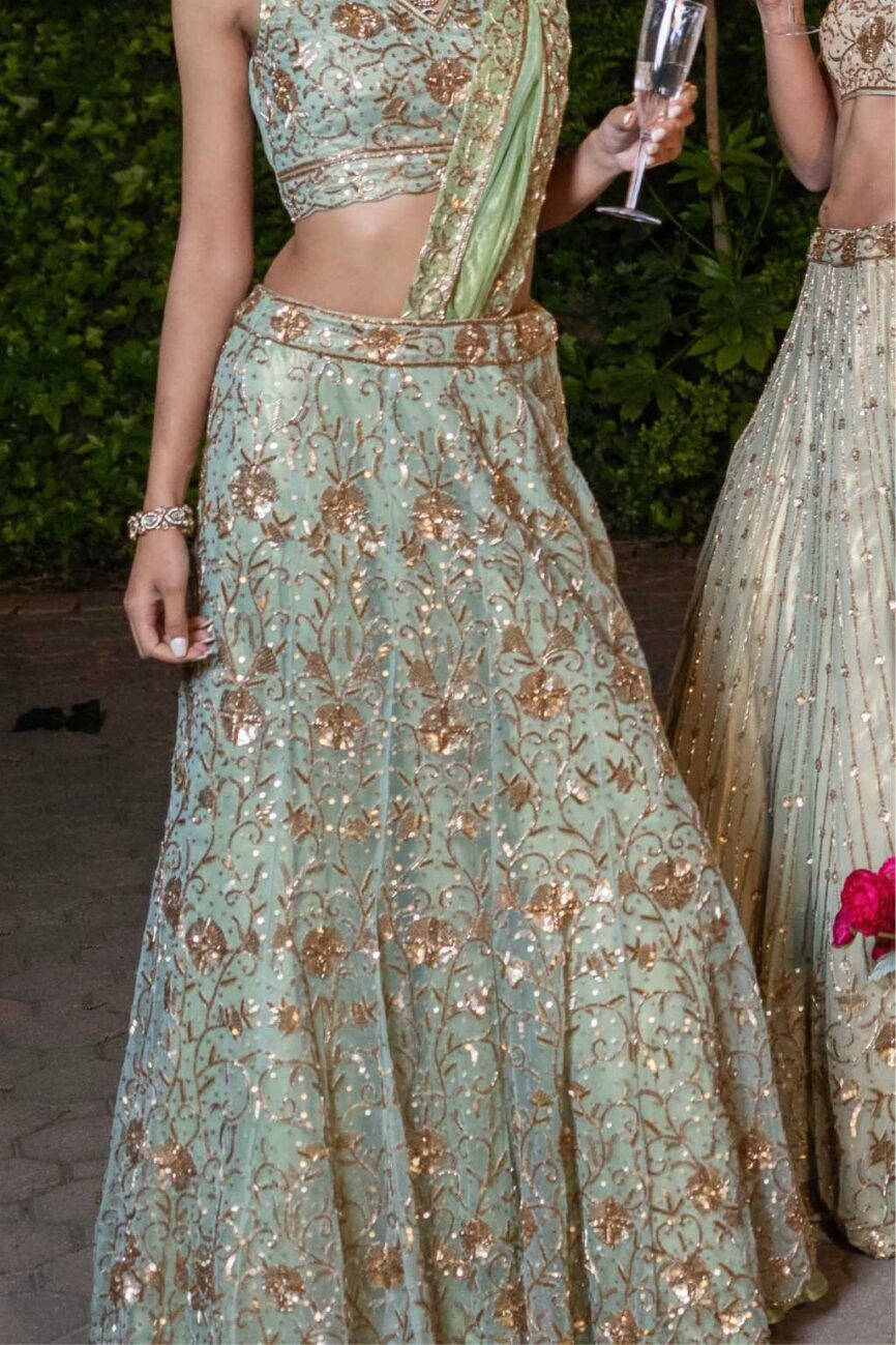 Green Hand Embroidered Saree Style Lehenga