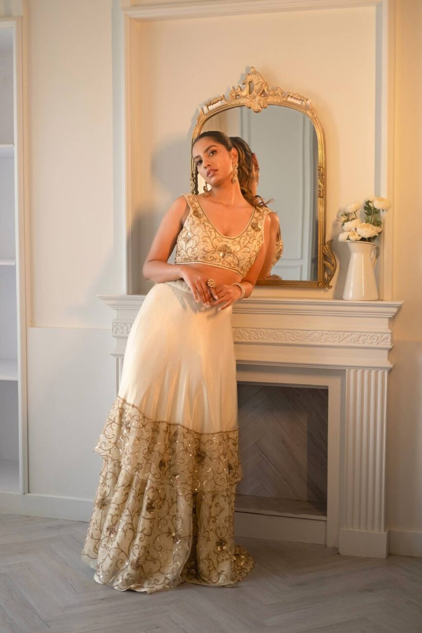 Designer Ivory And Gold Crop Set - SARA By Rashi
