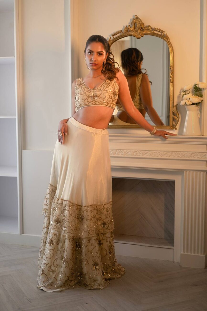 Luxurious Ivory And Gold Crop Set - SARA By Rashi
