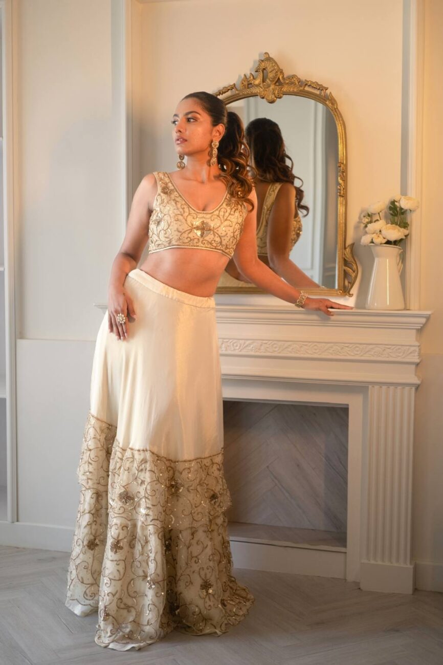Designer Indian Ivory And Gold Crop Set For Women - SARA By Rashi