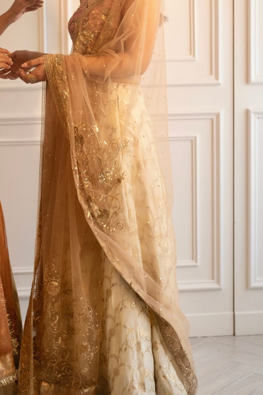 Soft Pink And Ivory Silk Brocade Lehenga Set