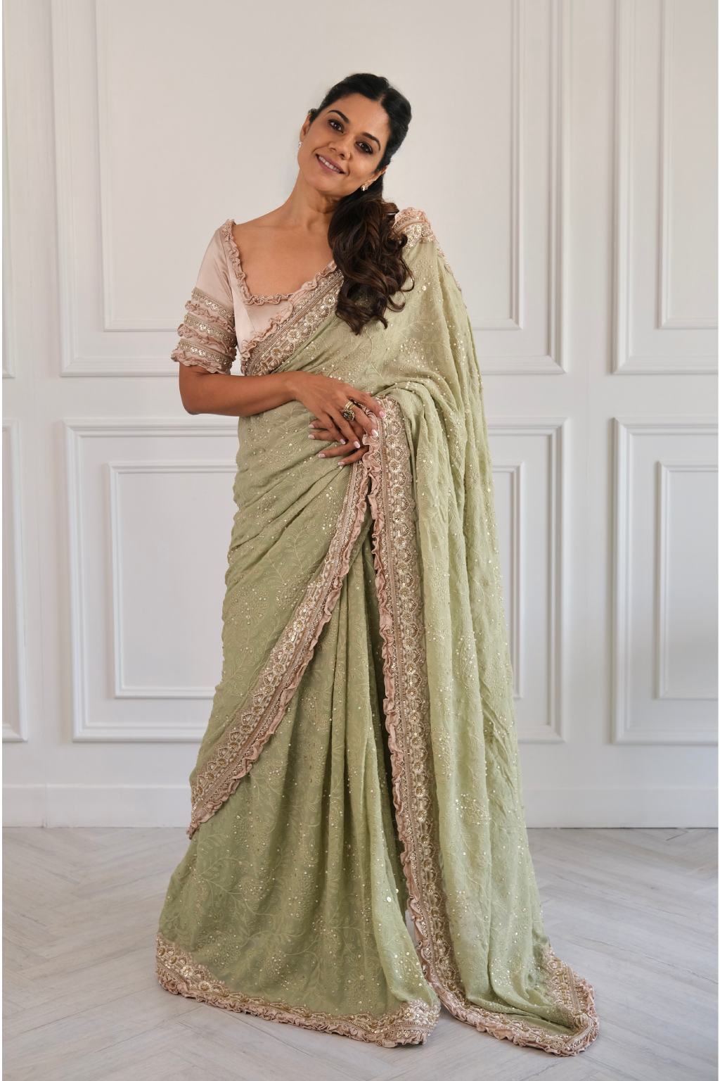 Green and taupe chikankari saree – full draped look by SARA by Rashi.