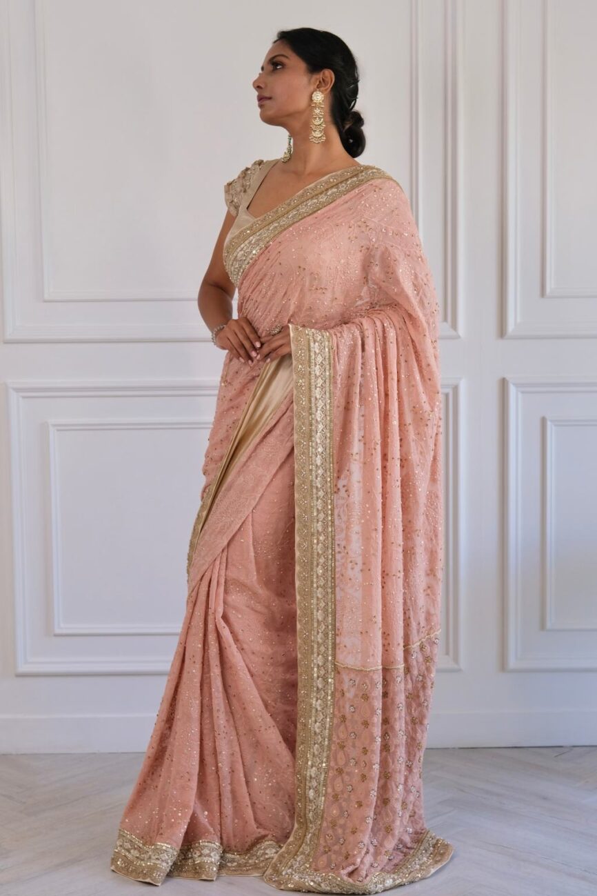 Pink and taupe hand-embroidered chikankari saree – full draped look by SARA by Rashi.