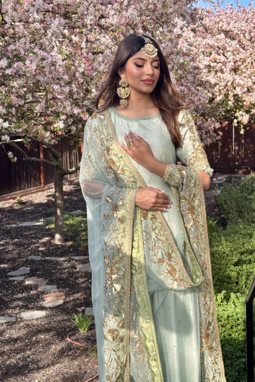 Full outfit view of the Seagreen Anarkali with Hand-Embroidered Dupatta, radiating grace and sophistication.
