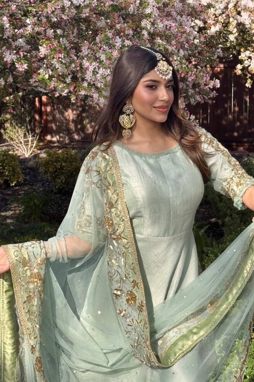 Detailed look at the silhouette and fabric of the Seagreen Anarkali, highlighting its elegant flow and timeless style.
