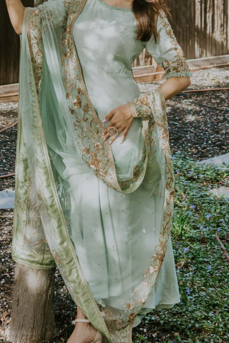 Seagreen Anarkali with Hand-Embroidered Dupatta