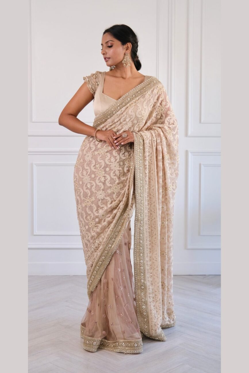 Taupe Hand-Embroidered Chikankari Saree full drape view