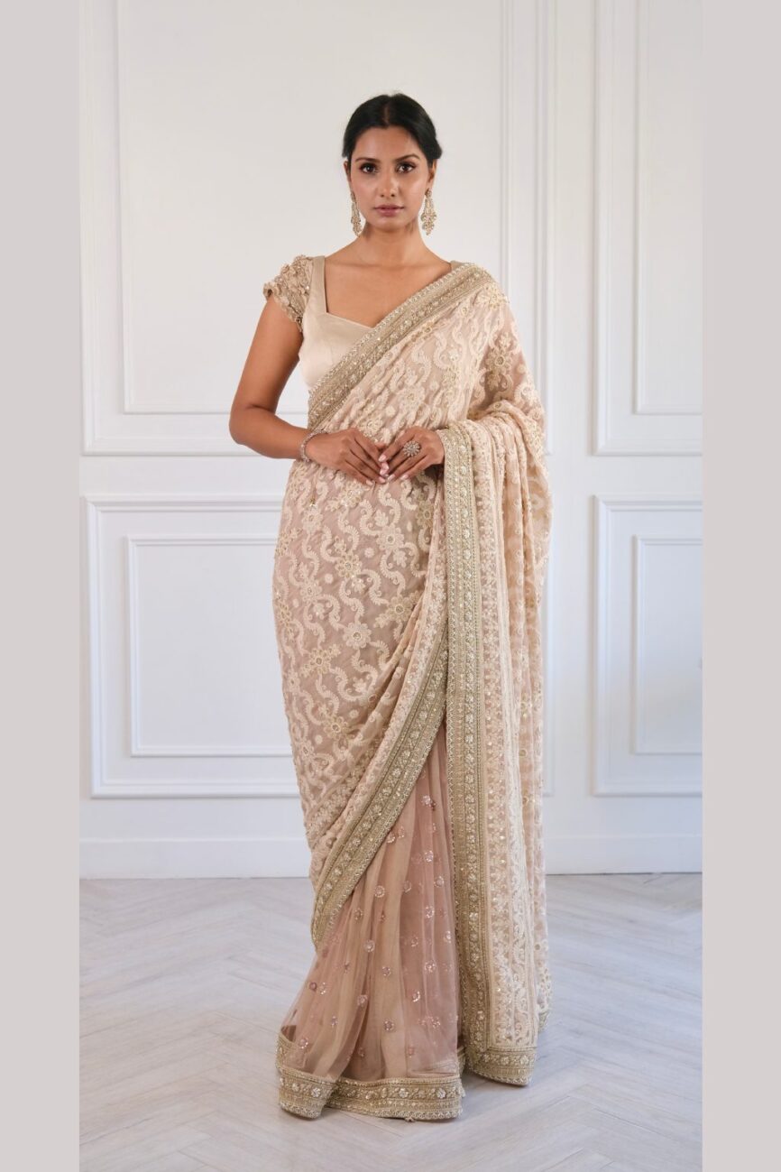 Designer taupe chikankari saree styled for weddings