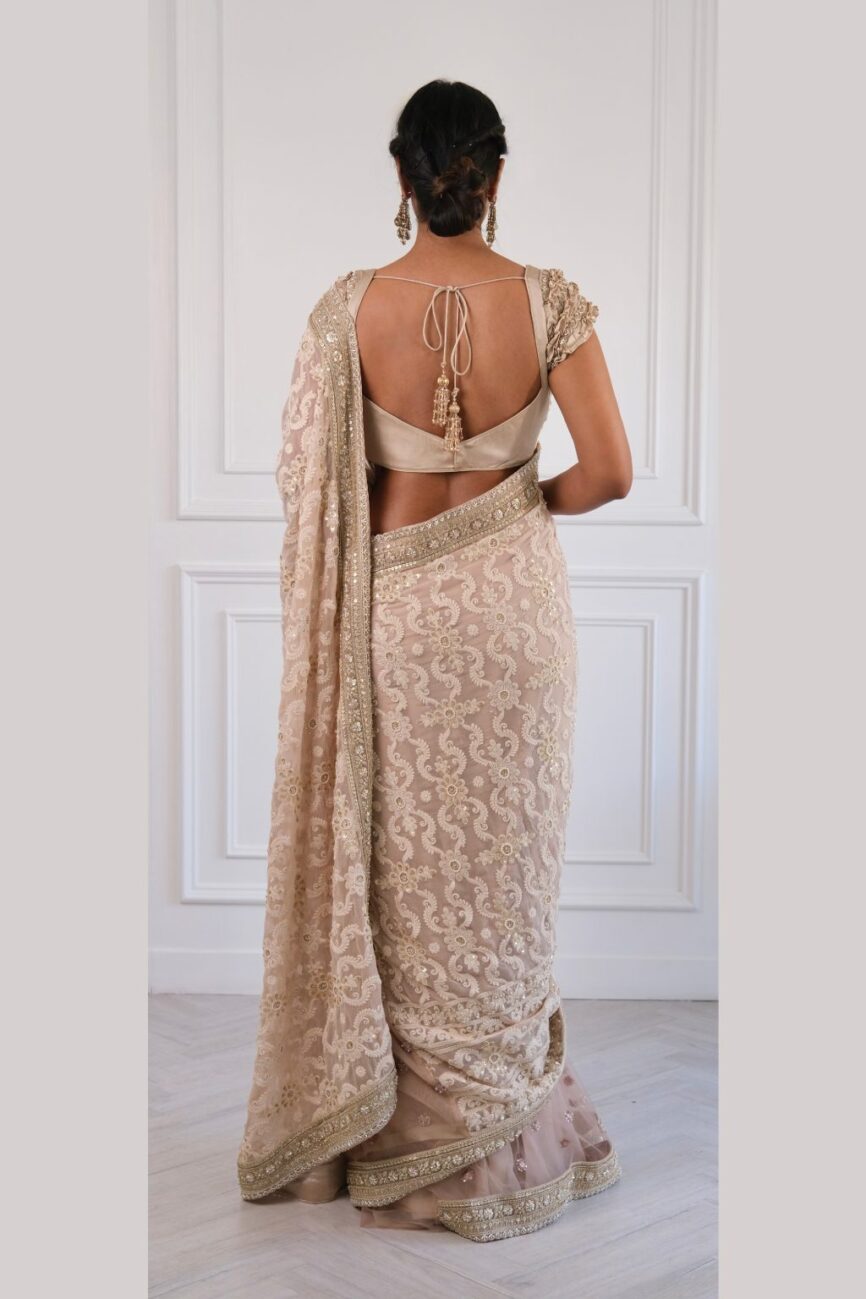 Taupe chikankari saree with embroidered border and pallu