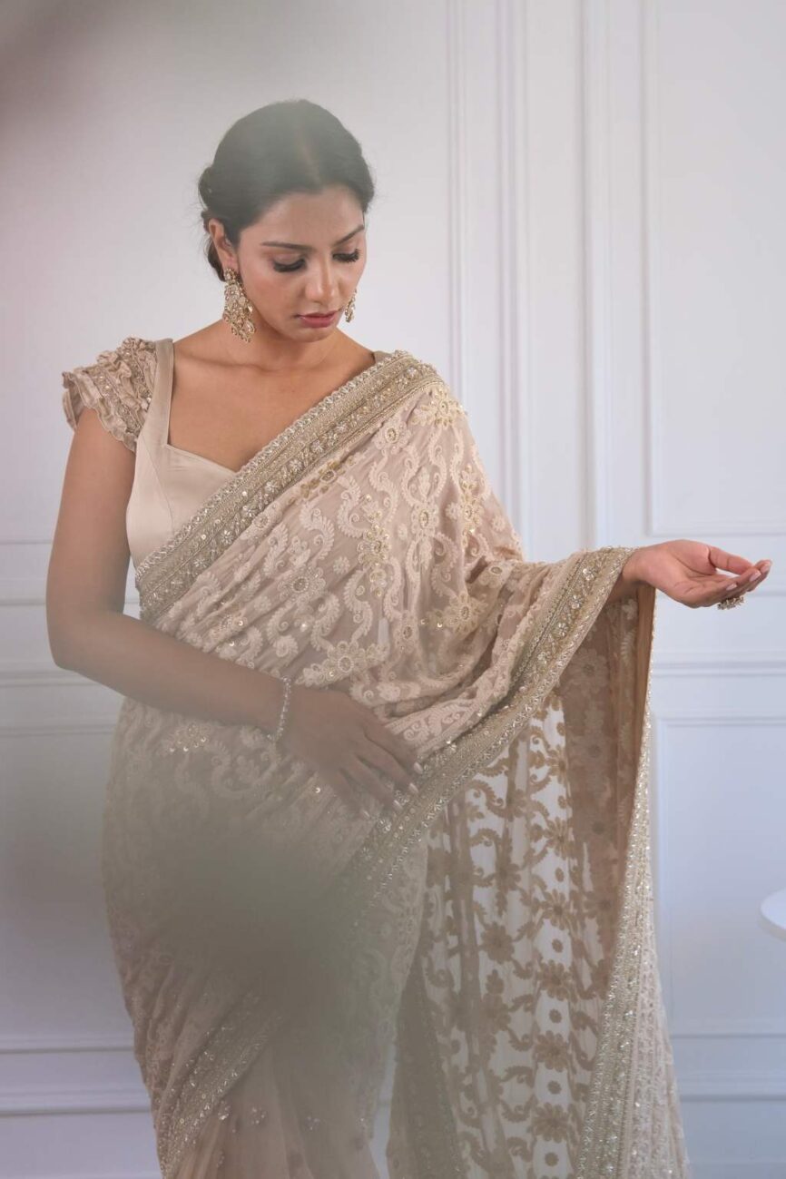 Taupe chikankari saree fabric with hand embroidery