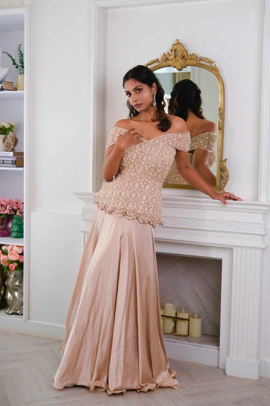 Taupe satin skirt paired with a hand-embroidered designer top – Luxe collection by SARA by Rashi.