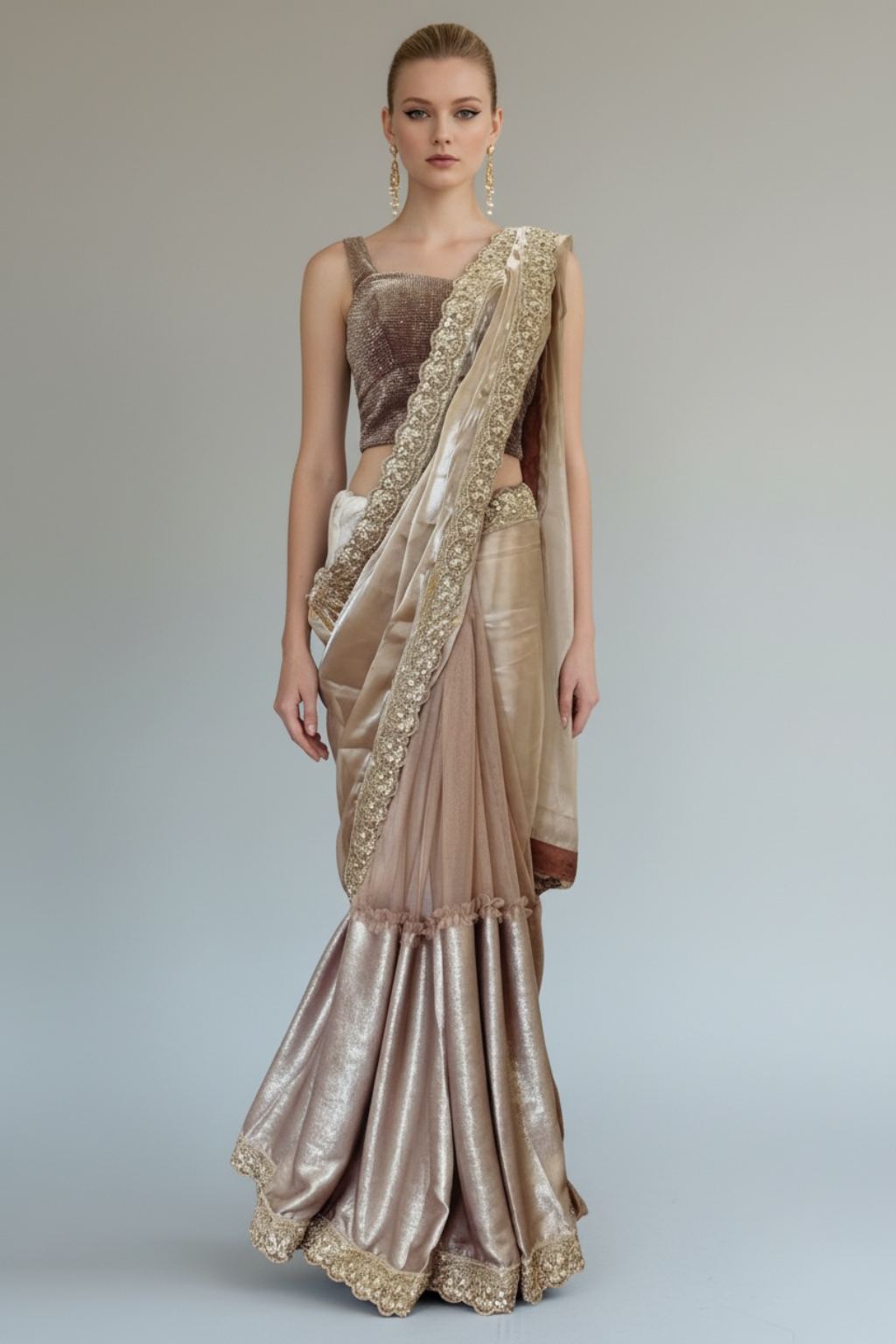 Taupe Glass Tissue Saree