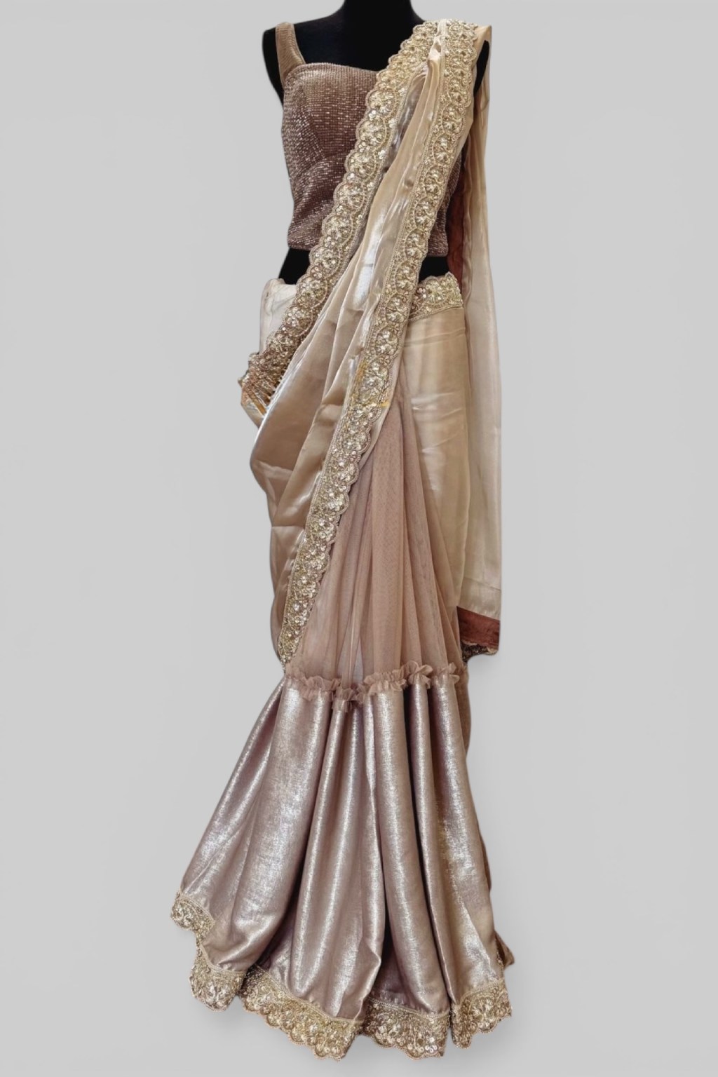 Taupe Glass Tissue Saree - Image 3