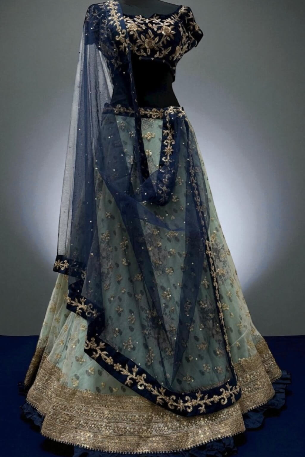 Navy Blue Hand-Embroidered Velvet Blouse & Printed Lehenga Set