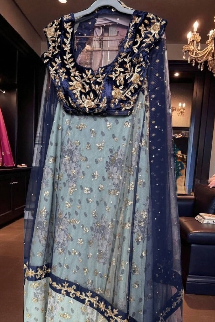 Navy Blue Hand-Embroidered Velvet Blouse & Printed Lehenga Set