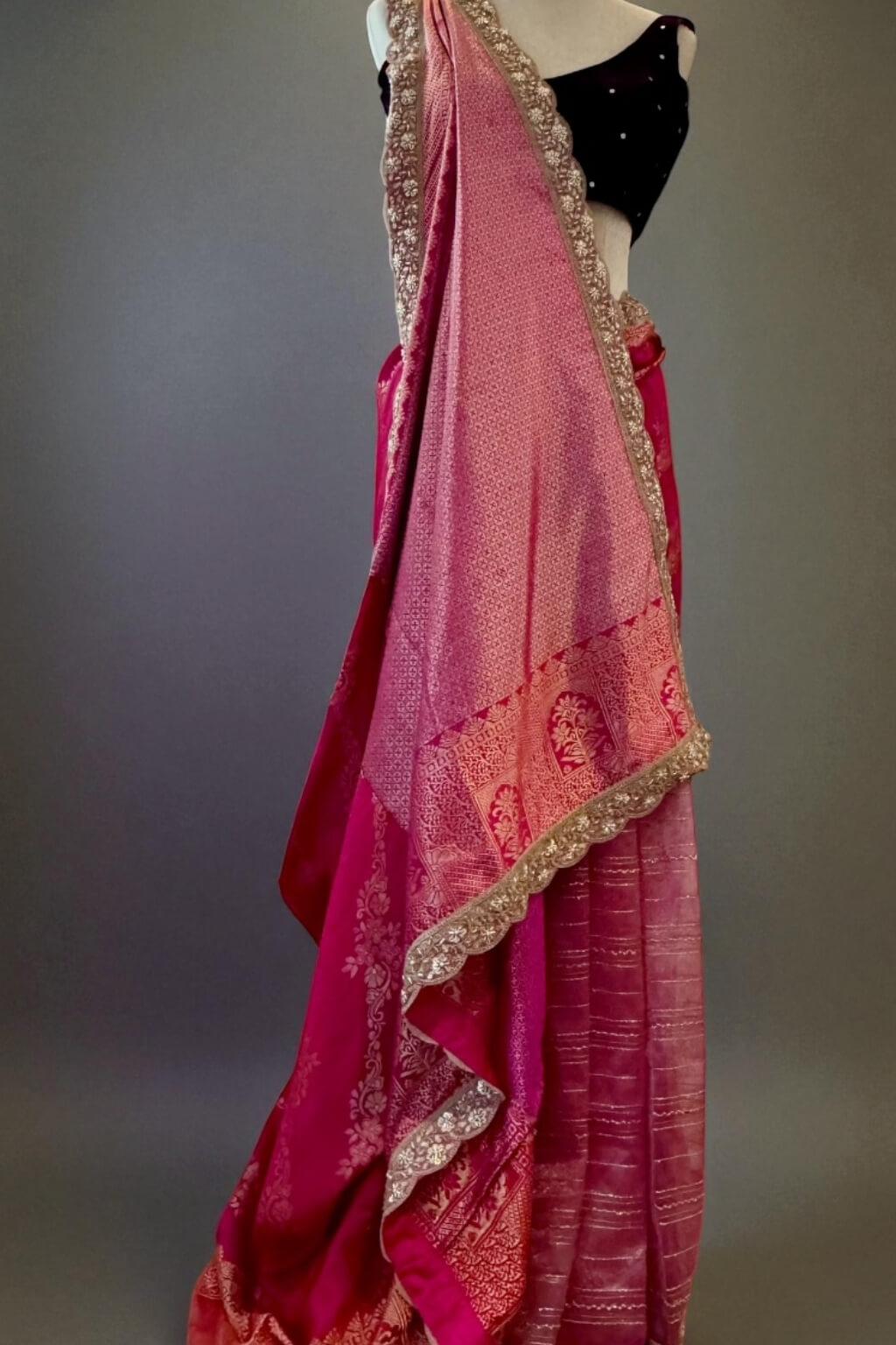 Rani Pink And Gold Banarasi Silk Saree