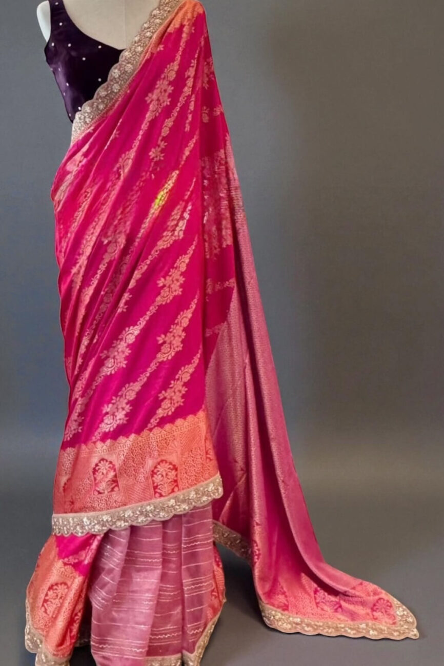 Rani Pink And Gold Banarasi Silk Saree
