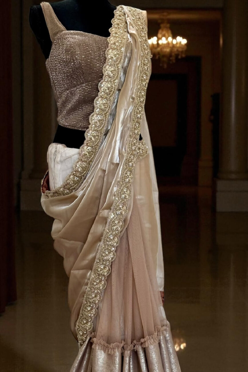 Taupe Glass Tissue Saree with Coffee Sequin Corset Blouse