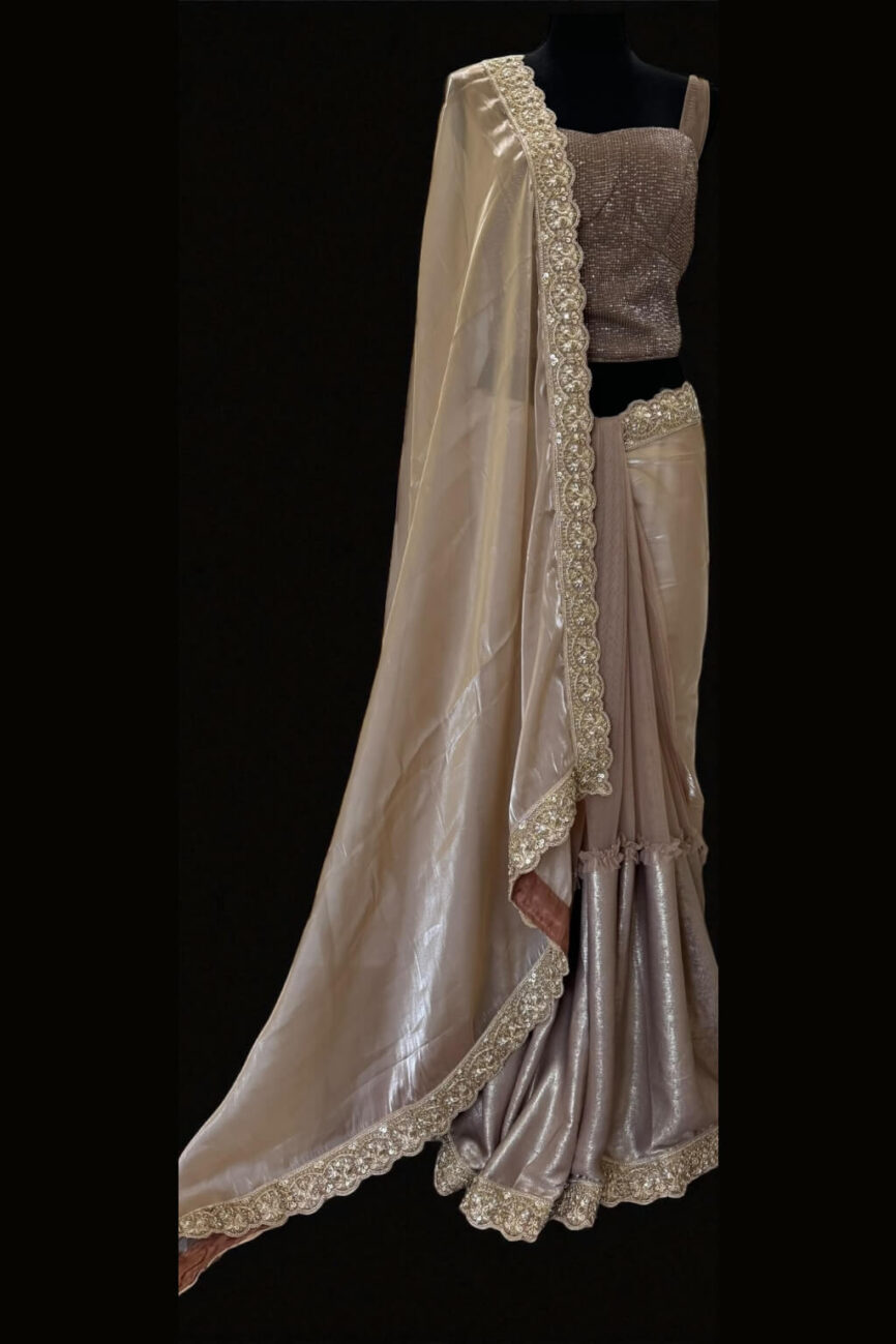 Taupe Glass Tissue Saree with Coffee Sequin Corset Blouse