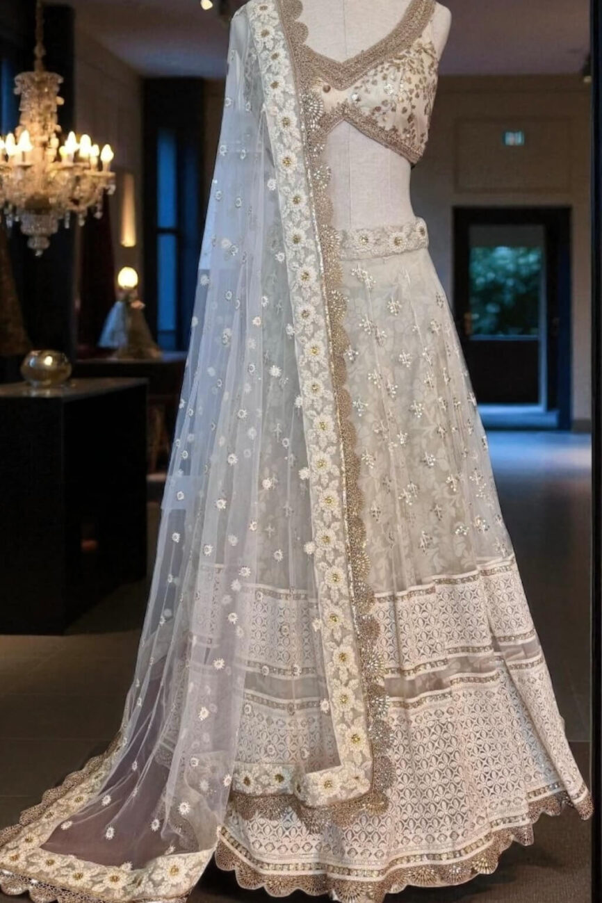 White and gold chikankari net lehenga set