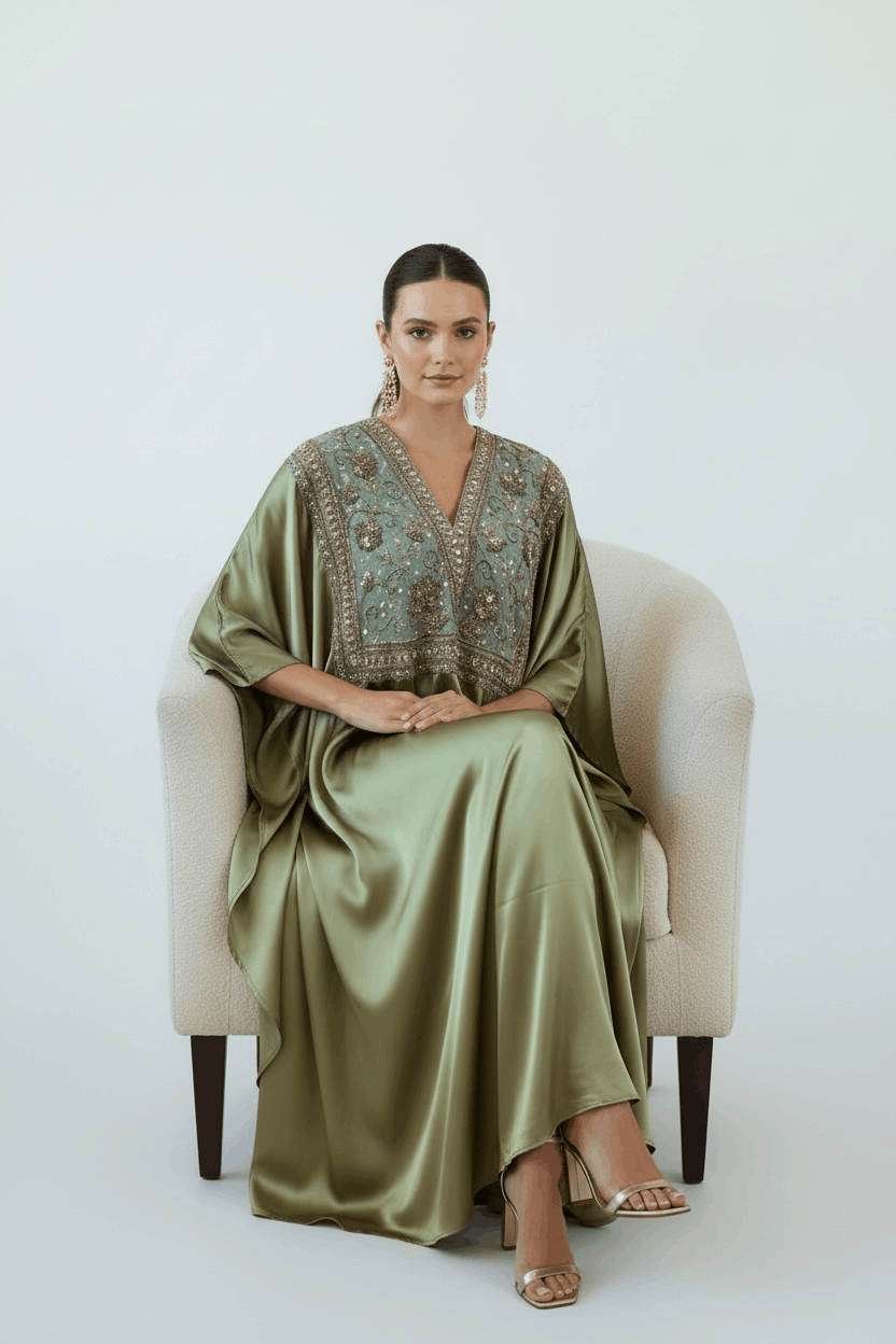 Leaf Green Hand Embroidered Satin Kaftan - Image 3