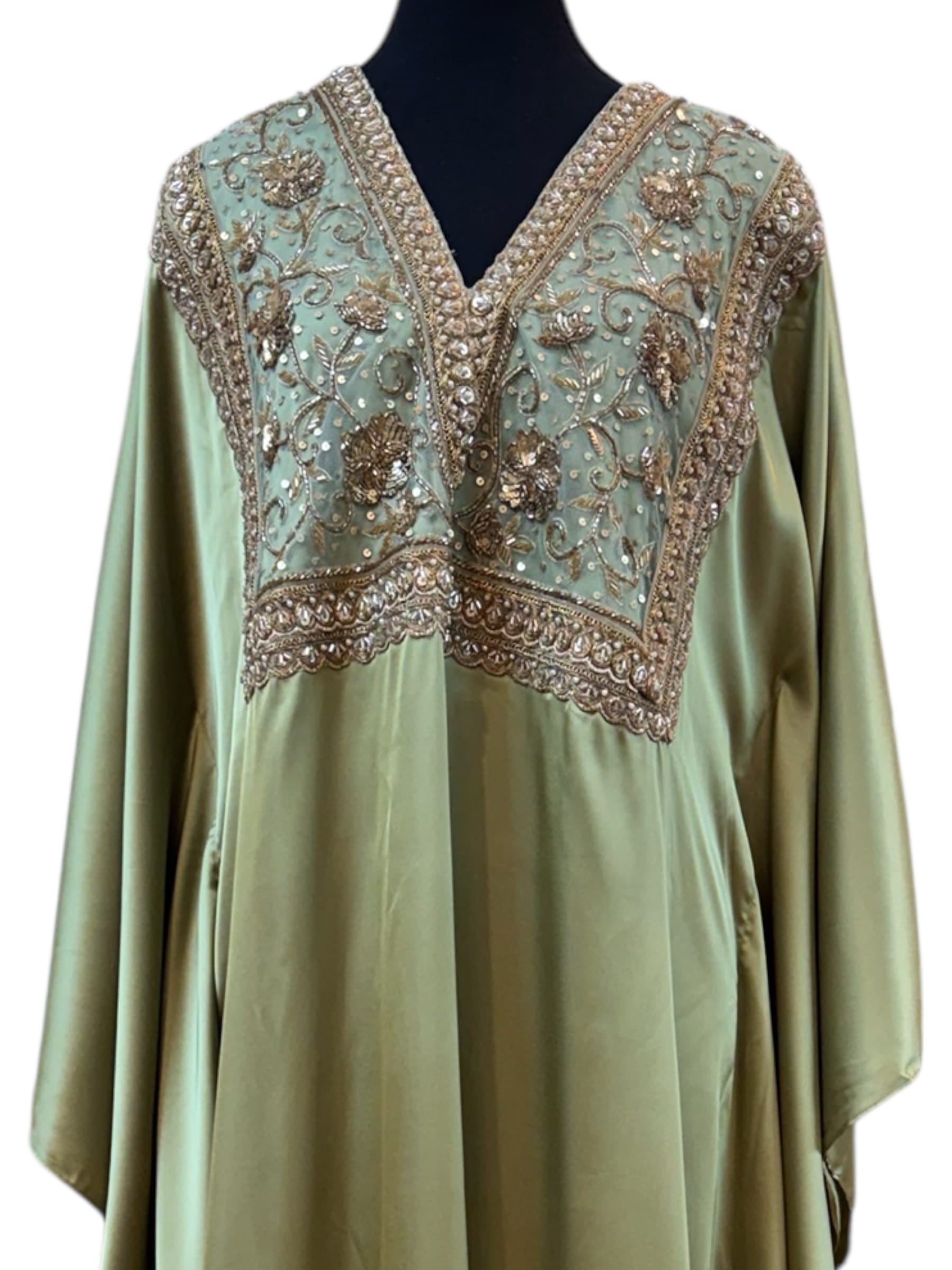 Leaf Green Hand Embroidered Satin Kaftan - Image 4