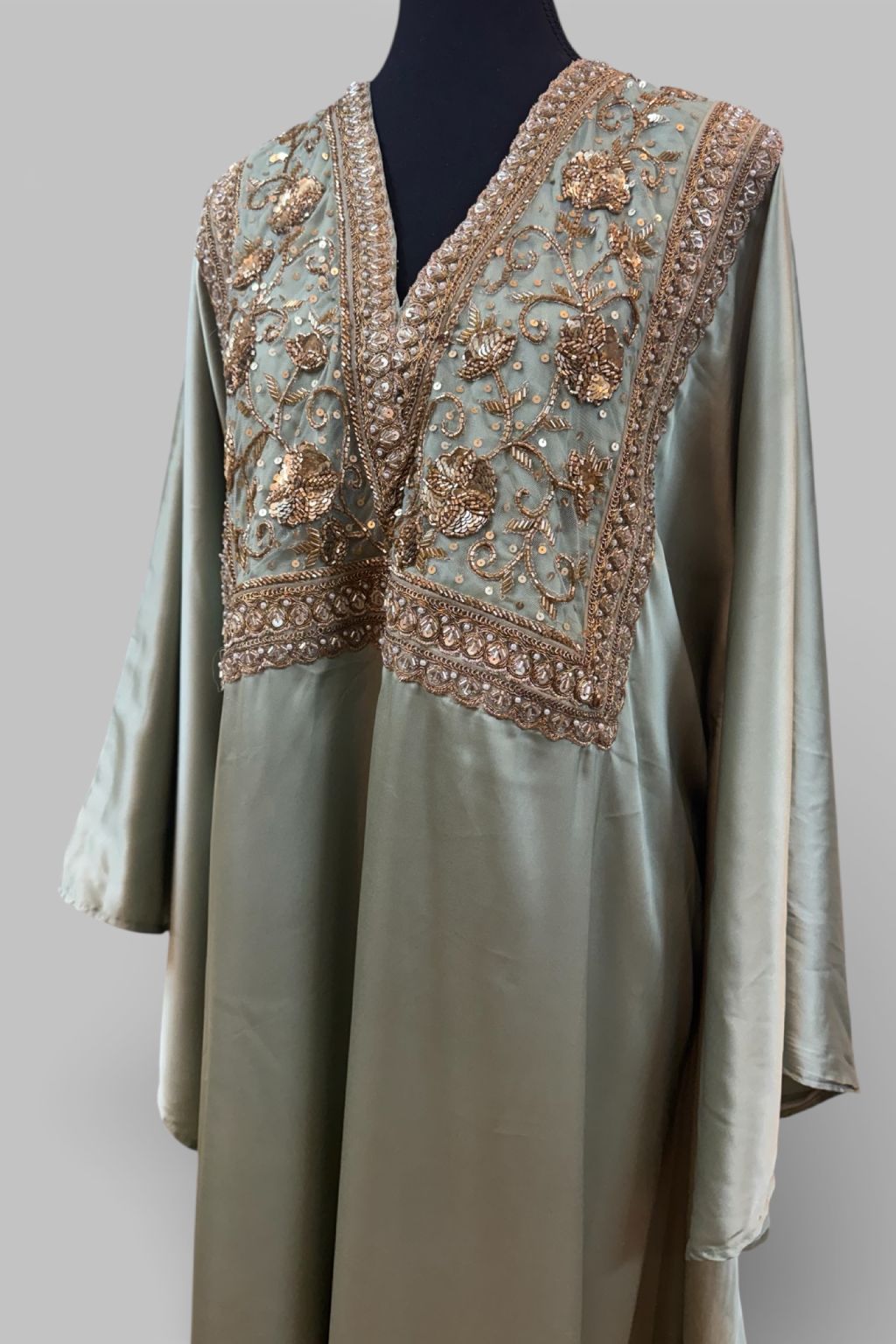 Sage Green Hand Embroidered Satin Kaftan - Image 2