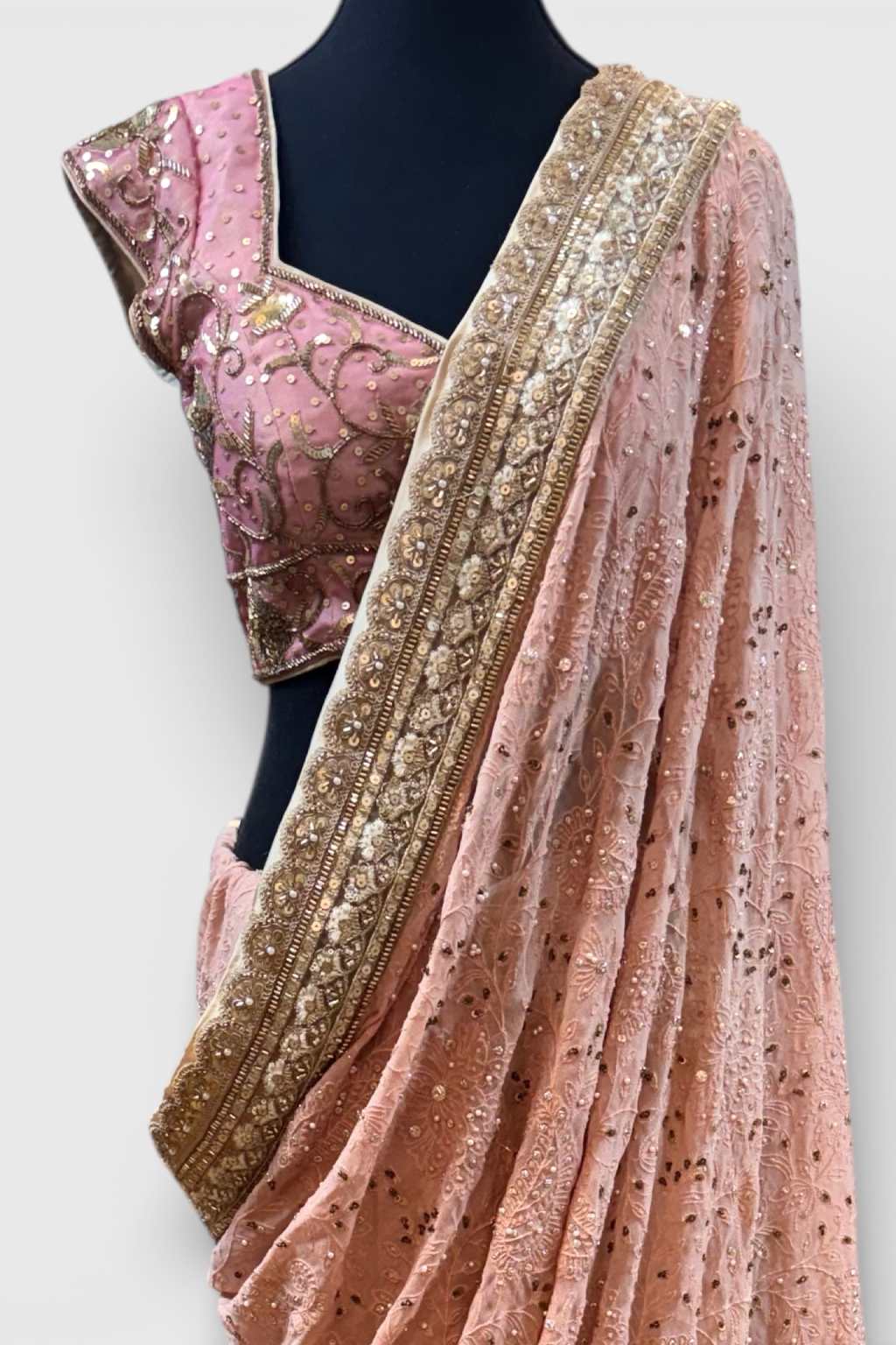 Pink Chikankari Hand Embroidered Saree - Image 3